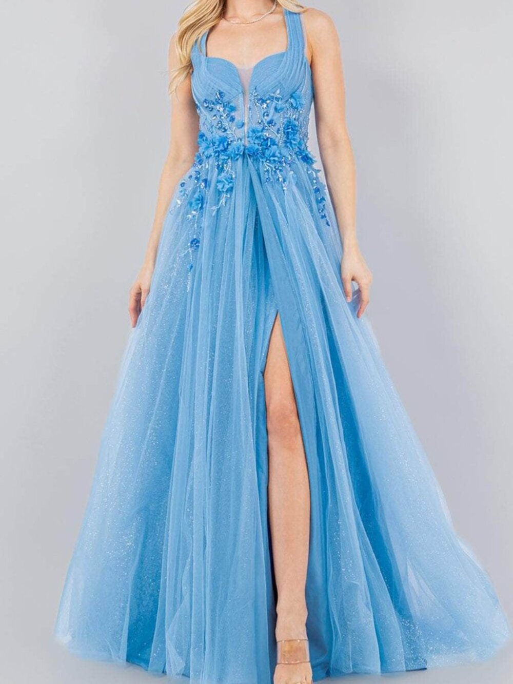 NWT Cinderella Couture 8076J Sleeveless Halter Formal Dance Dusty Blue size 8/M